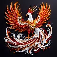 Red and blue vector bird with swirling wings, a vintage folk art design element