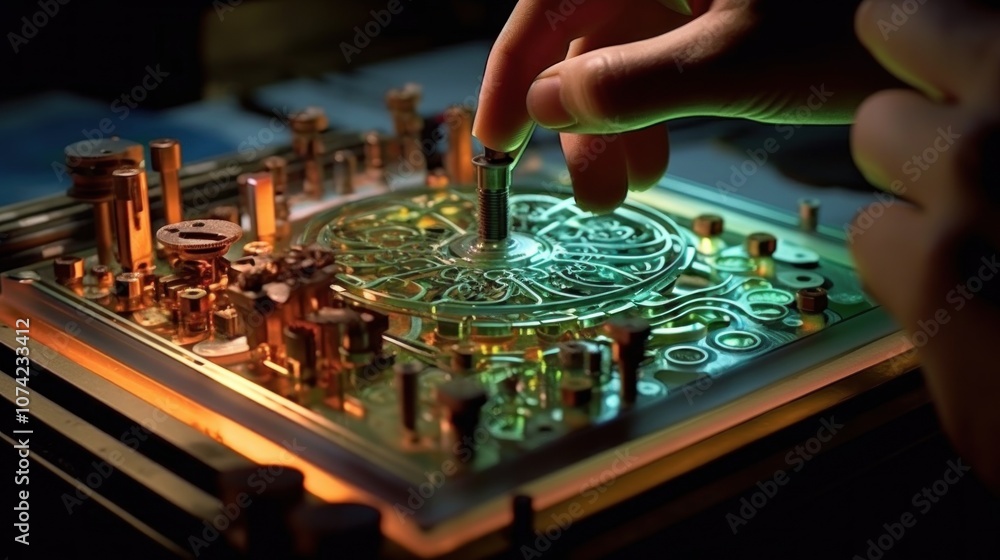 Poster closeup of a hand interacting with a complex mechanical device