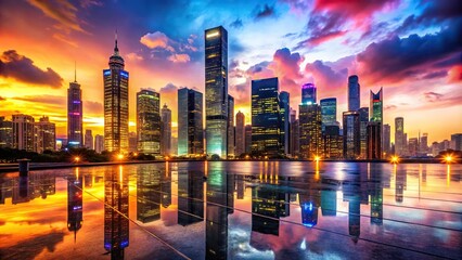 Fototapeta premium A vibrant and colorful cityscape at sunset with towering skyscrapers and neon lights reflecting off the wet pavement, cityscape, sunset, urban