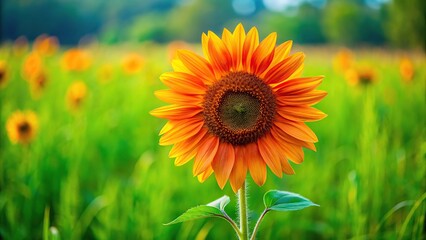 Fototapeta premium A vibrant orange-colored sunflower standing tall in a green meadow, grass, blooming flowers, field