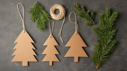 Festive wooden Christmas tree ornaments with greenery and twine on a stone background.