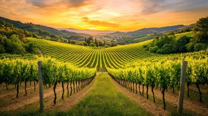 Naklejka premium Vineyard Rows at Sunset with Golden Sky