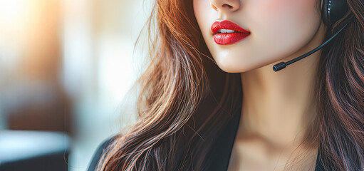 Closeup of customer service representative with long hair and red lips, wearing headset, conveying professionalism and approachability in bright environment