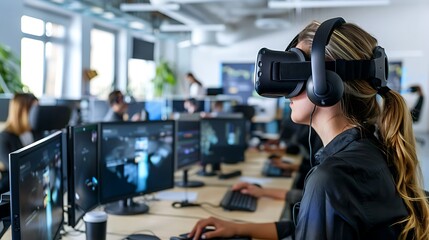 An office space filled with virtual reality headsets and augmented reality displays for employee training.