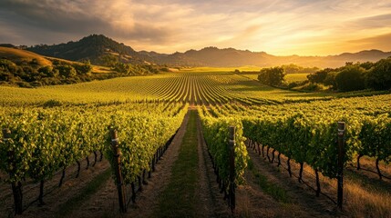 Naklejka premium Vineyard Rows at Sunset with Mountains in the Distance