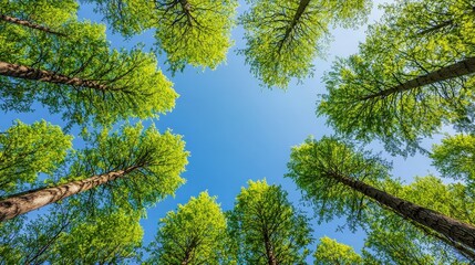 Fototapeta premium Sunlight Through Trees Canopy Forest Green Foliage Blue Sky Nature Photography