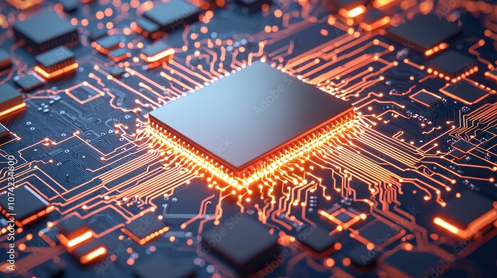 Poster glowing circuit board with processor chip data center technology