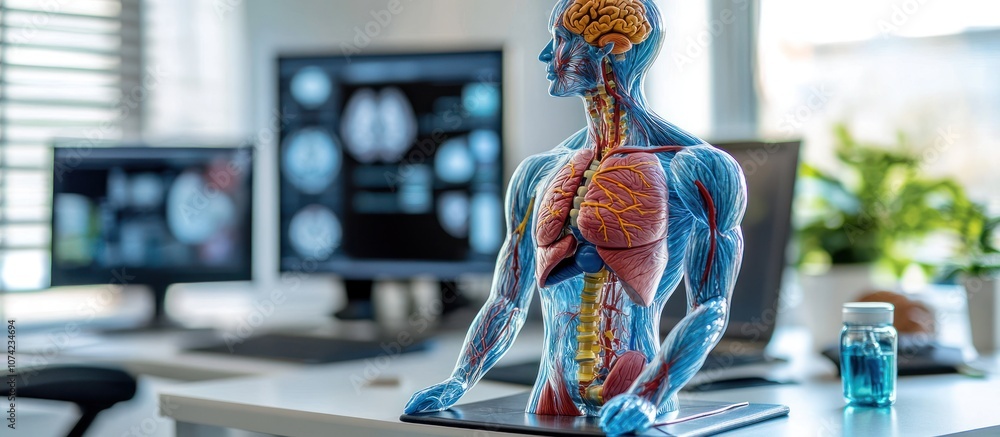 Poster a human anatomy model sits on a desk with a computer monitor and a bottle of pills in the background