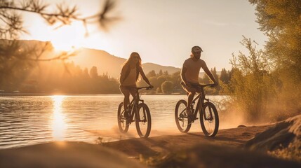 Fototapeta premium Two cyclists ride along a scenic lakeside path during sunset, enjoying nature's beauty.