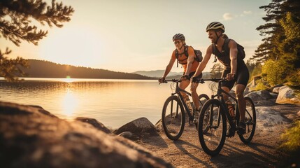 Obraz premium Two cyclists enjoying a scenic ride by a lake during sunset.