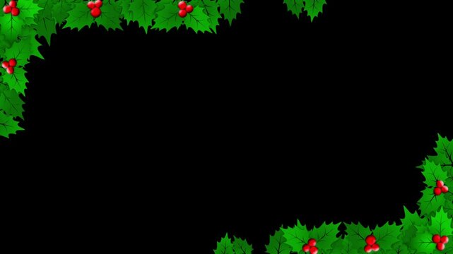 Christmas Holly frame in seamless loops with transparent background. Looping Xmas border with alpha channel