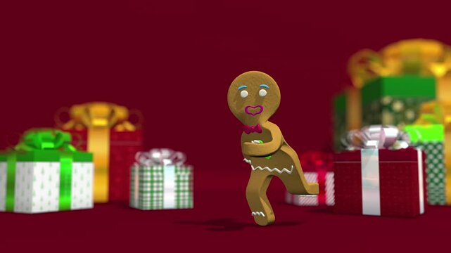 Happy dancing Gingerbread man on red surface against defocused gift boxes background. funny and sweet cookie boy dancing for holiday. Loop sequence. 3D animation