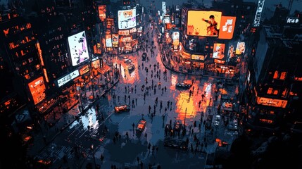 Vibrant Night Scene of a Bustling Urban Cityscape with Neon Lights and Crowds Amidst Rain Reflecting Colorful Billboards in a Modern Metropolis