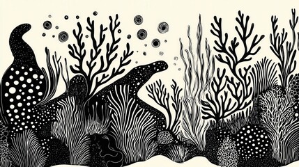 Intricate Black and White Coral Reef Illustration Featuring Distinctive Sea Life Elements and Organic Patterns for Artistic and Creative Projects