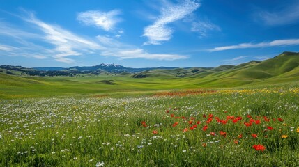 A field of wildflowers with red poppies in the foreground and a snow-capped mountain in the background.