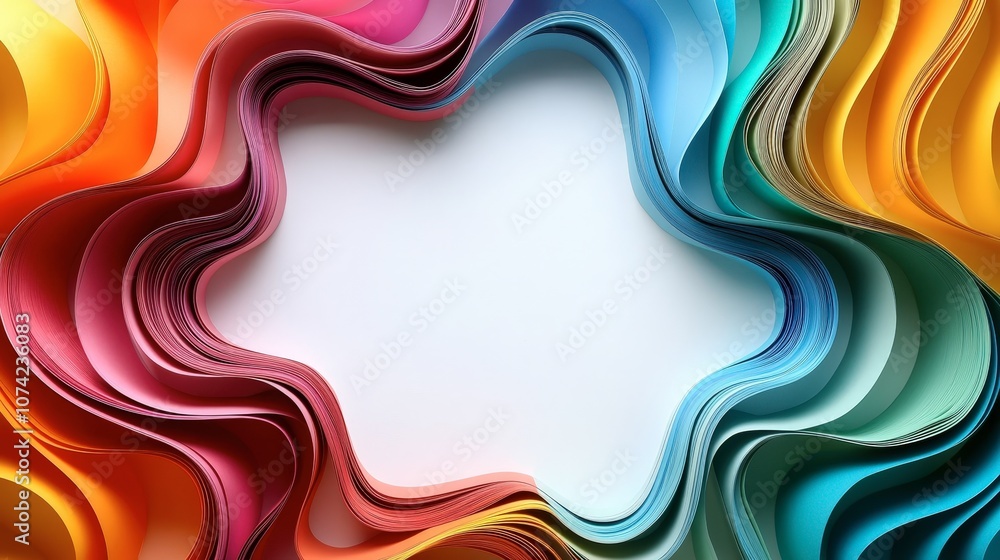 Poster colorful waves of paper forming a vibrant frame surrounding a blank center for creativity and artist