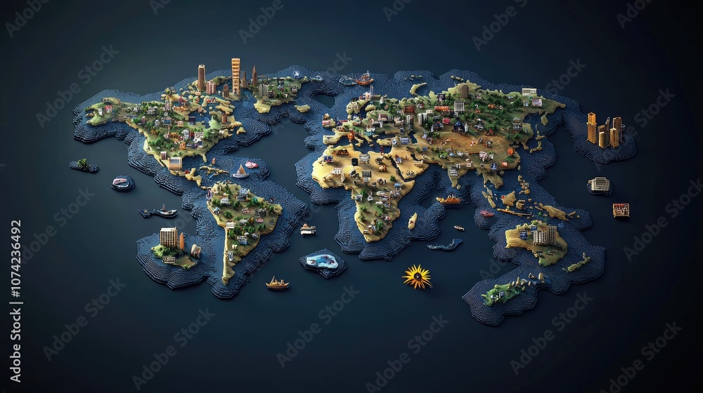 Aufkleber 3d world map on a dark background with floating icons representing global events