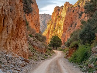 A winding dirt road through a rocky canyon with vibrant orange and green vegetation.