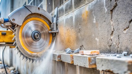Close-up of diamond blade cutting through concrete wall