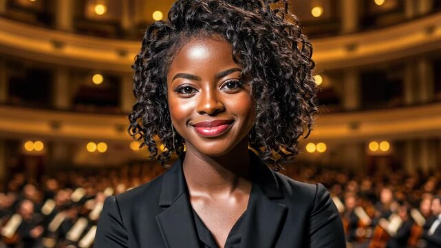 Confident female conductor leading orchestra in elegant concert hall