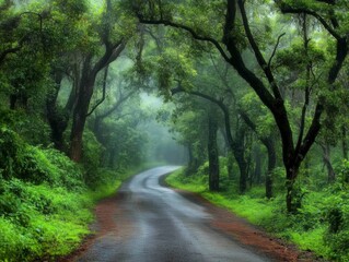 Obraz premium A serene road winding through a lush, green forest, enveloped in mist.