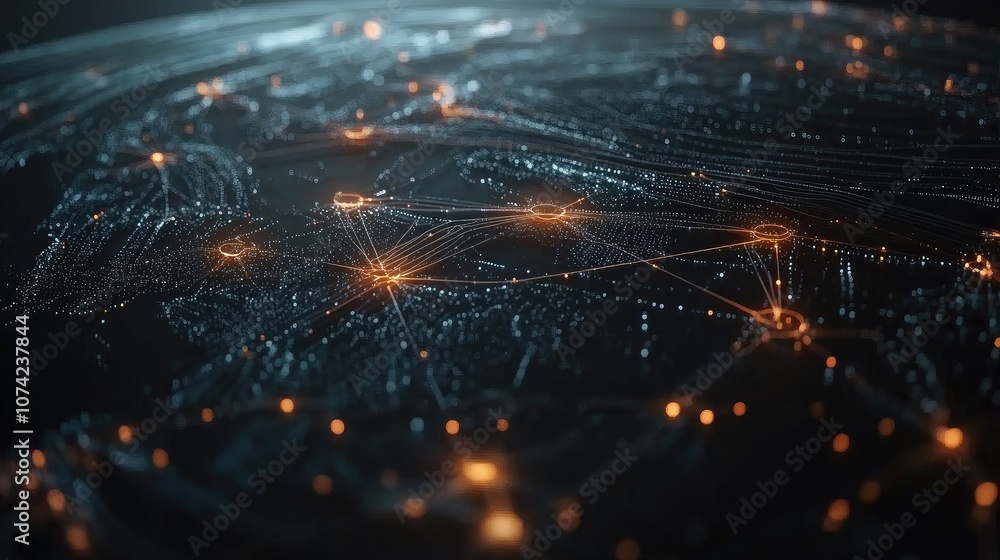 Poster a futuristic world map made of interconnected glowing dots and lines, tech theme