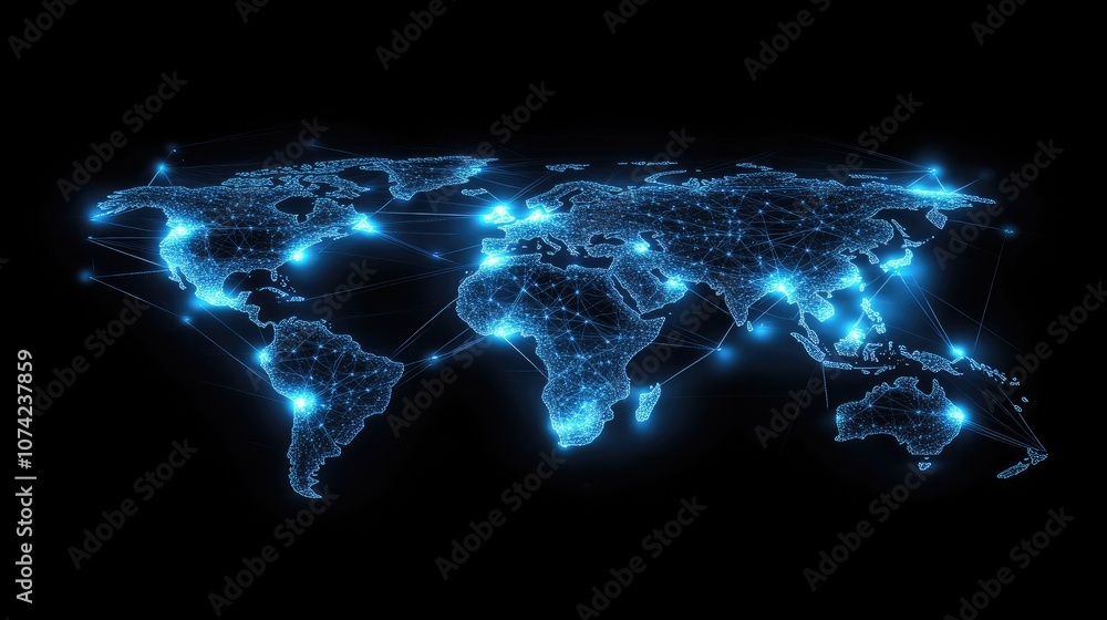 Poster a futuristic world map made of interconnected glowing dots and lines, tech theme