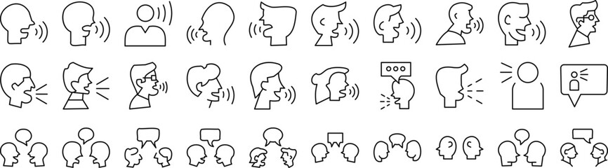 Set of speech icons featuring various styles like chat bubbles, microphones, and communication symbols, perfect for illustrating ideas related to conversation and dialogue.