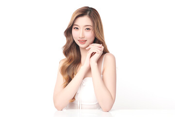 Fototapeta premium Beautiful young asian woman with clean fresh skin on white background, Face care, Facial treatment, Cosmetology, beauty and spa, Asian women portrait.