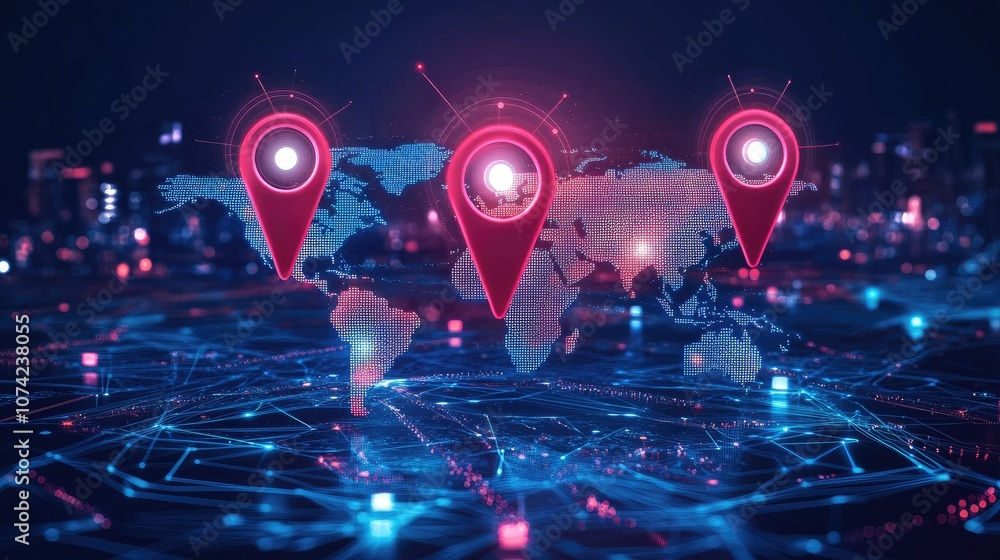 Poster a high-tech digital world map with floating location markers and dynamic lines