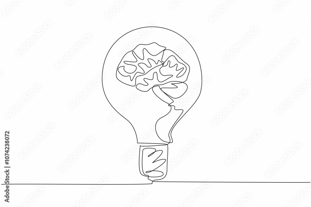 Poster one single line drawing of human brain inside the light bulb lamp. world logic day. template for pos