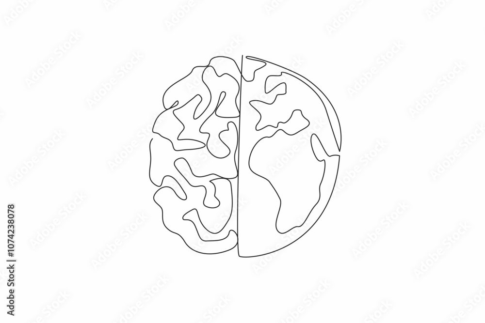 Poster world logic day. one continuous line drawing of half part of world map globe and half part of human 