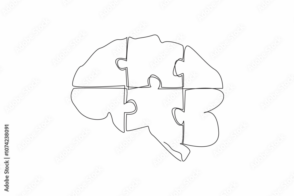 Poster world logic day. one continuous line drawing of human brain made up of puzzle pieces. thinking out o
