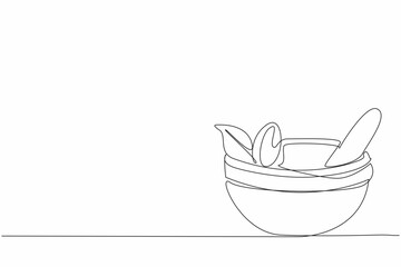 National Pharmacist Day. Single continuous line drawing of mortar and pestle with organic leaf inside. Traditional herbal medicine concept. Natural healthcare treatment. One line draw vector artwork