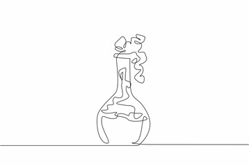 One single line drawing of erlenmeyer flask with concoct medicine formula liquid. National Pharmacist Day. Laboratory experiment to create new vaccine to cure pandemic disease. New vaccine invention