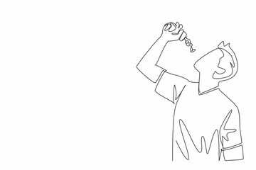 National Pharmacist Day. One single line drawing of young handsome man drink medicines to treat his disease. Patient cure treatment with medical procedure. Vector illustration graphic art design