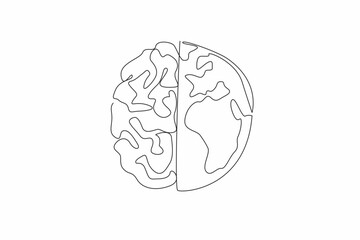 World Logic Day. One continuous line drawing of half part of world map globe and half part of human brain. Creative critical thinking to save the earth from destruction concept. Vector graphic art