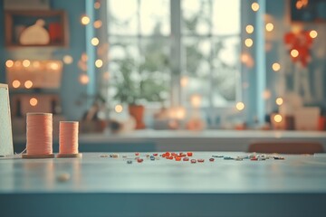 Cozy Needlework Workspace with Buttons and Thread in Warm Lighting