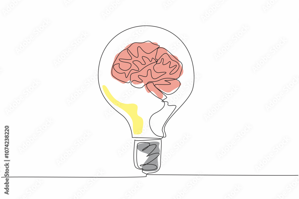 Poster one single line drawing of human brain inside the light bulb lamp. world logic day. template for pos