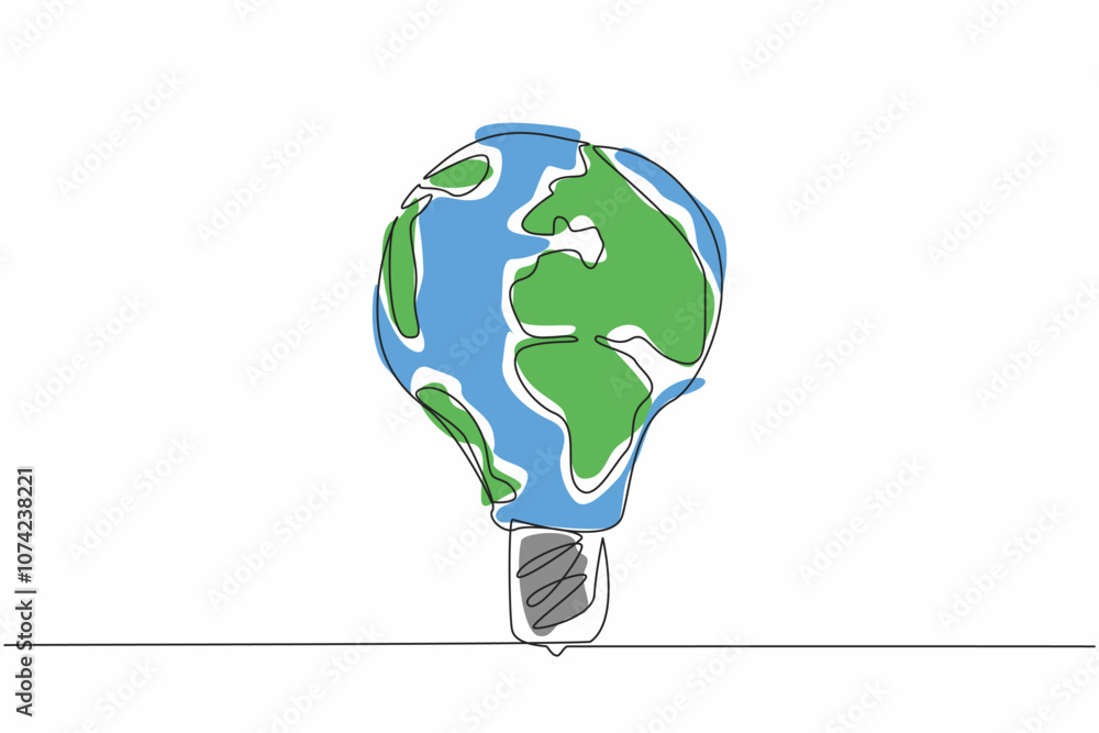 Aufkleber one single line drawing of light bulb lamp with earth globe surface. world logic day. creative logic