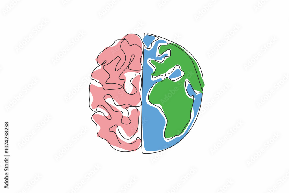 Poster world logic day. one continuous line drawing of half part of world map globe and half part of human 