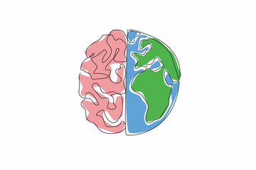World Logic Day. One continuous line drawing of half part of world map globe and half part of human brain. Creative critical thinking to save the earth from destruction concept. Vector graphic art