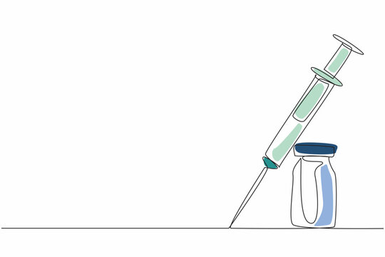 recommend clip art: Single continuous line drawing of syringe injection laying on vaccine glass tube. Vaccine formula to cure pandemic illness. Medical healthcare conceptual. National Pharmacist Day. Vector illustration