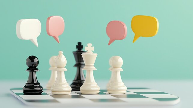 Strategic Speech Art Concept Leader's Persuasive Talk Design Chess pieces with thought bubbles in vibrant colors.