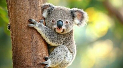 A Koala Bear Hugging a Tree Trunk in a Forest