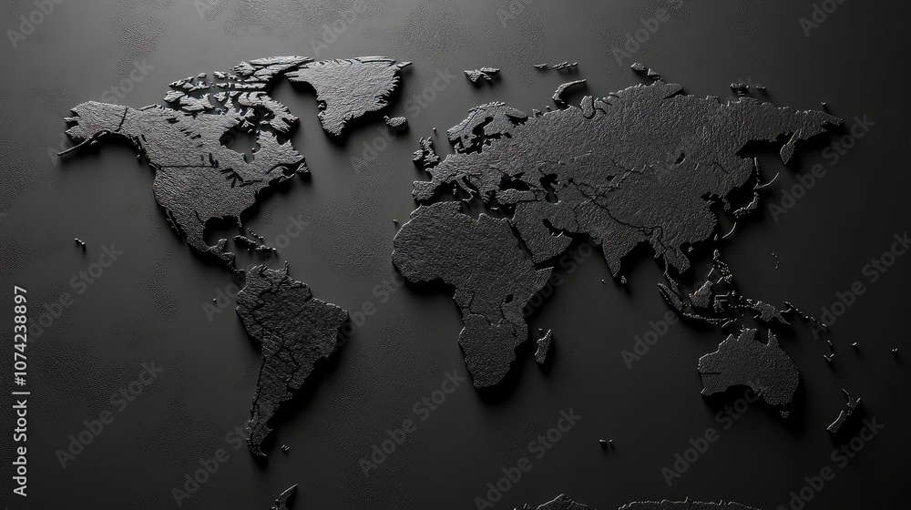 Poster a monochrome world map with high contrast and sharp details on a black background