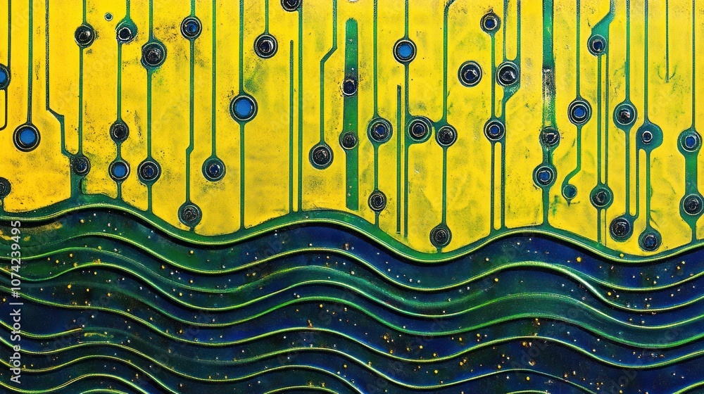 Poster abstract design resembling a circuit board with flowing lines and circular elements.