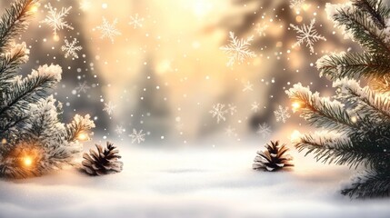 Design a festive Christmas background with a softly blurred snowy scene, twinkling lights, and a large empty space in the center, perfect for adding personalized messages or holiday wishes 