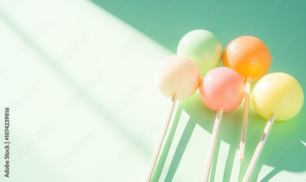 Aufkleber colorful round objects on sticks with shadow on green background