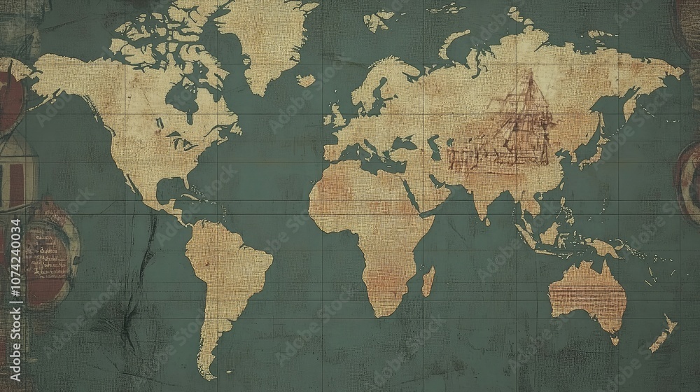 Poster a world map printed on textured canvas with subtle grid lines and borders